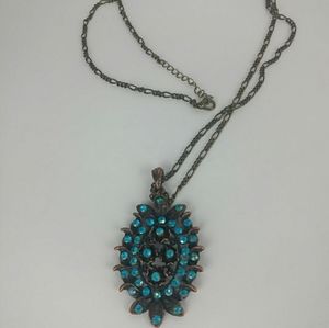 Copper  Aqua Blue  Rhinestones Pendant Necklace